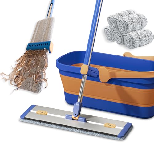 16.5" Self Wringing Flat Mop with Collapsible Bucket, Wet Dry Floor Cleaner System with 55" Long Handle, Foldable Bucket & 5 Microfiber Pads for Hardwood, Tile and Wall - size: New Mop & 5 microfiber mop pads & Folding bucket