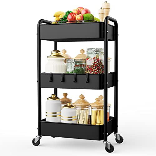 LEHOM 3 Tier Rolling Cart, Metal Rolling Utility Cart with Lockable Wheels & Hooks, Multi-Functional Heavy Duty Storage Cart Organizer for Bathroom, Kitchen, Office, Living Room - color: Black