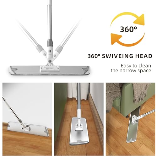 Flat Microfiber Mop for Floor Cleaning, 18 inch (17.7 in/45 cm) Aluminum Base, Adjustable Stainless Steel Handle 29.5 to 52 in, 360-Degree Swivel, Dry & Wet, 4 Washable Pads - LJGG - size: 17.7 INCH