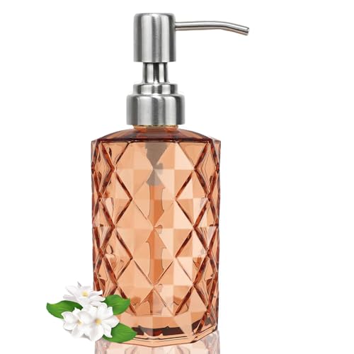 12Oz Amber Glass Soap Dispenser with Stainless Steel Pump, Refillable Kitchen Liquid Hand Soap Dispenser with Diamond Design, for Dispense Hand soap, Dish Soap, Lotion, Bathroom, Countertop, Hotel - color: Amber Diamond