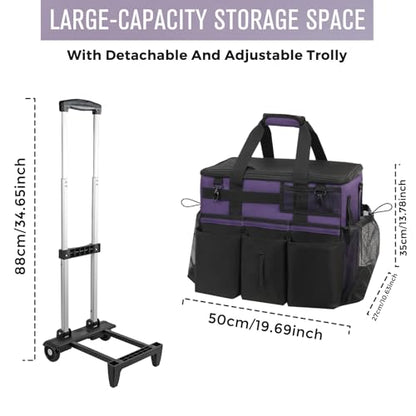 SCAVATA Rolling Cleaning Caddy Bag with Detachable Trolley, Large Cleaning Supplies Organizer with Wheels, Multi Pocket Cleaning Cart with Adjustable Shoulder Strap for Housekeeper & Home, GrapePurple - color: GrapePurple