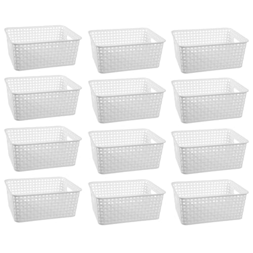 White Plastic Woven Storage Baskets, 12-Pack Weave Basket Organizer for Kitchen Office Bathroom - color: White, size: 12-Pack