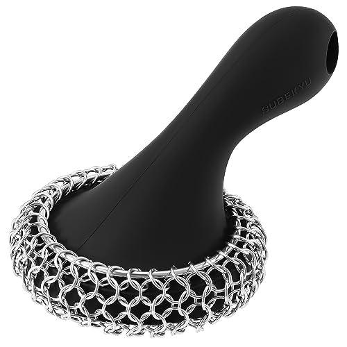 SUBEKYU Cast Iron Scrubber with Silicone Handle, Stainless Steel Chainmail Scrubber for Cast Iron Pans, Black - color: Black