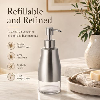 Non-Slip Soap Dispenser with Brushed Nickel Stainless Steel Case, Glass Liner, and Hand Pump for Kitchen/Bathroom. Refillable Liquid Soap Dispenser, 11oz/320ml Capacity. - color: Brushed Nickel, size: 300ml