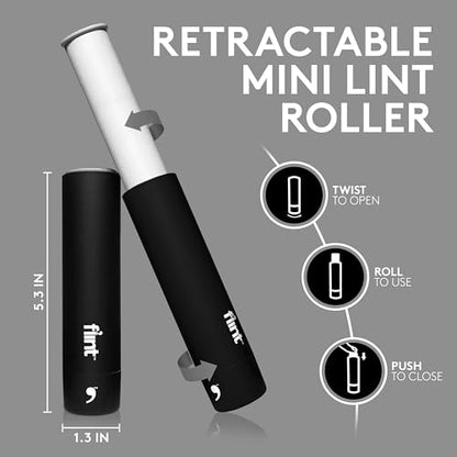 Flint Classic Black Retractable Mini Lint Roller with 90 Extra Sticky Sheets, Small and Portable Lint Roller, Ideal Pet Hair Remover, Travel Lint Rollers for pet Hair Extra Sticky - color: Black
