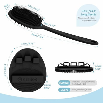 Silicone Back Scrubber & Bath Glove Set 2PCS, 13.4'' Gentle Shower Back Scrubber with Dual-Side Head Non-Slip Handle, 360° Anti-Slip Hand-fit Bath Glove for Rich Foaming Deep Cleaning(Black) - color: Black*2