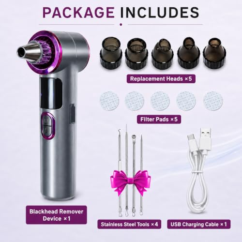 Heated Blackhead Remover Vacuum, Warm Compress Pore Vacuum Cleaner with 3 Suction Levels, LED Display, USB Rechargeable Facial Pore Cleaner Kit, 5 Heads and 4 Stainless Steel Tools