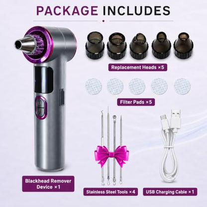 Heated Blackhead Remover Vacuum, Warm Compress Pore Vacuum Cleaner with 3 Suction Levels, LED Display, USB Rechargeable Facial Pore Cleaner Kit, 5 Heads and 4 Stainless Steel Tools