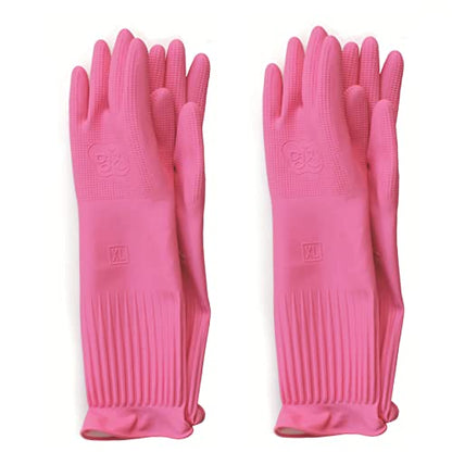 Myungjin (2 Pairs Reusable Waterproof Household Dishwashing Non-Slip Cleaning Latex Rubber Kitchen Gloves (Pink, X-Large) - size: X-Large