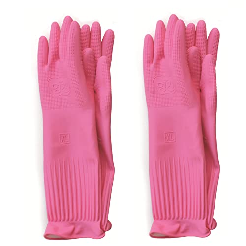 Myungjin (2 Pairs Reusable Waterproof Household Dishwashing Non-Slip Cleaning Latex Rubber Kitchen Gloves (Pink, X-Large) - size: X-Large