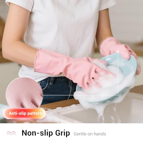 ThxToms 4 Pairs Reusable Dishwashing Cleaning Gloves,10 Mil Thick, 13" | Non-Slip Rubber Kitchen Gloves, Multi-Color, Ideal for Household, Bathroom, Pet Care & Gardening, Medium - size: Medium