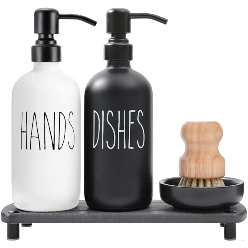 MOMEEMO Soap Dispenser for Kitchen Sink Comes with Stainless Pumps, Instant Dry Tray, and Dish Scrub Brush, Suitable for Black and White Kitchen Decor. (Black & White) - color: Black & White1