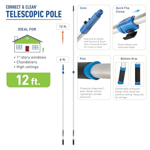 Unger Professional Connect and Clean 6’-12’ Aluminum Telescopic Extension Pole with Locking Cone and Quick-Flip Clamp, Compatible with Cleaning Tool Attachments, Indoor and Outdoor Use - size: 6 - 12 Foot