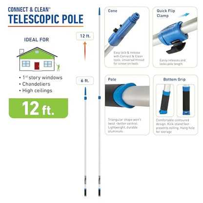 Unger Professional Connect and Clean 6’-12’ Aluminum Telescopic Extension Pole with Locking Cone and Quick-Flip Clamp, Compatible with Cleaning Tool Attachments, Indoor and Outdoor Use - size: 6 - 12 Foot
