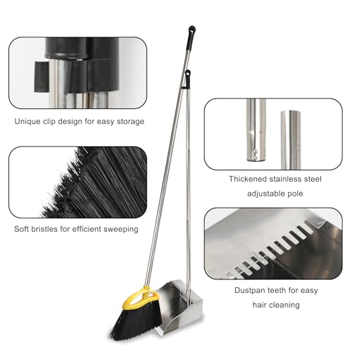 Broom and Stainless Steel Dustpan Set for Home,Metal Dust Pan and Soft Bristles Indoor Kitchen Broom for Office,Lobby - style: Broom and Dustpan