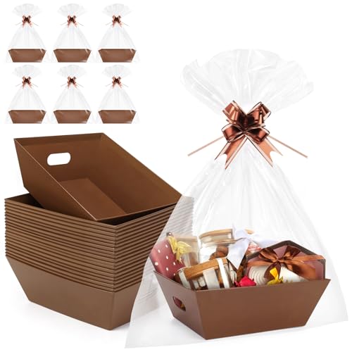 AFOROEOA 20PACK Baskets for Gifts Empty, 12x10x4” Thick Brown Gift Basket with Handles, 20 Bows & 20 Bags - Empty Gift Baskets for Christmas, Thanksgiving, Wedding, Birthday Party, Wrapping Gifts - color: 20PACK Brown
