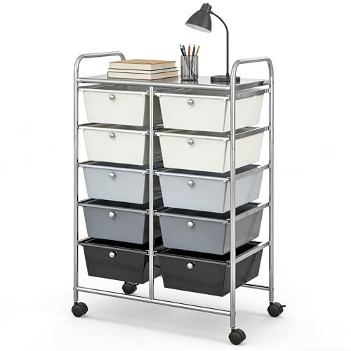 COSTWAY 10 Drawer Rolling Storage Cart, Mobile Utility Cart with Metal Frame & Lockable Wheels, Art Supply Craft Organizer, Multipurpose Drawer Cart for Paper for Office, School, Gray Gradient - color: Gray Gradient, size: 10 Drawer