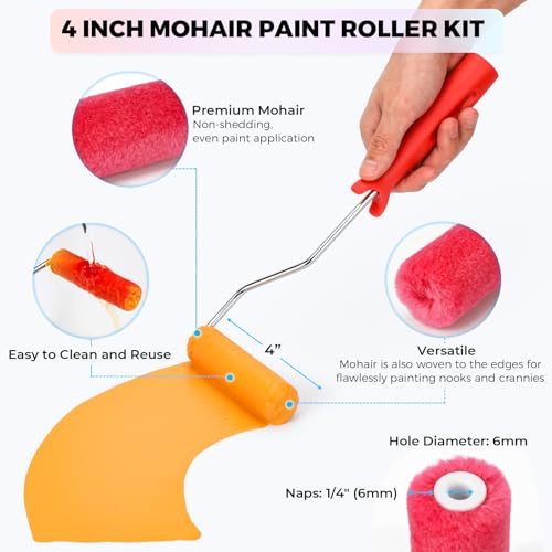 4 Inch Mohair Paint Roller Covers, 1/4" Nap, 5 Pack Lint-Free Small Paint Roller Refills with Frame Kit, Mini Rollers for Painting Cabinets, Door, Walls, Furniture, Trim, All Paints & Stains - color: 5pcs