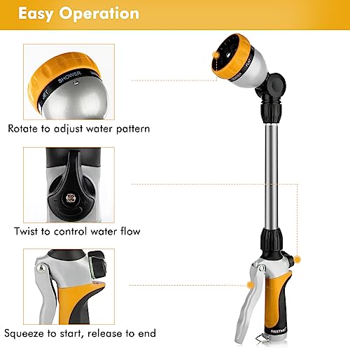 RESTMO Metal Watering Wand, Heavy Duty Garden Hose Wand with 180° Swivel Ratcheting Head, 16'' Hose Nozzle Sprayer with 7 Spray Patterns and Flow Control, for Water Hanging Baskets and Shrubs, Yellow - color: Yellow