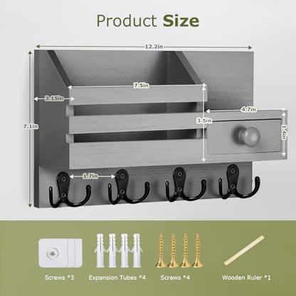 Key Holder Wall Mount, Wooden Adhesive Mail and Key Organizer with Drawer, Small Shelf, 8 Hooks, 2 Installation Methods, Gray - color: Gray