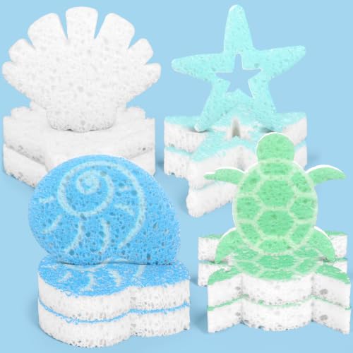 JarThenaAMCS 12 Pcs Summer Kitchen Sponges Coastal Seashell Starfish Turtles Water Absorbing Kitchen Scrub Sponges Dish Washing Cleaning Reusable Sponge for Bathroom Home Non Scratch Cleaning