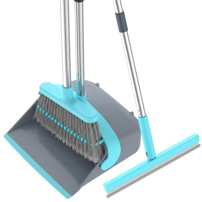 Broom with Dustpan Combo Set, Silicone Broom,Long Handle Broom with Upright Standing Dustpan, Squeegee - Broom for Indoor Cleaning 2+1,for Indoor Outdoor,Smooth Floors, Rugs