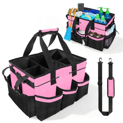 ALSLEA Cleaning Caddy Bag Heavy-Duty Organizer Tote for Housekeepers, Janitors & Home Cleaning Supplies with Adjustable Shoulder Strap & Multiple Pockets (Pink)