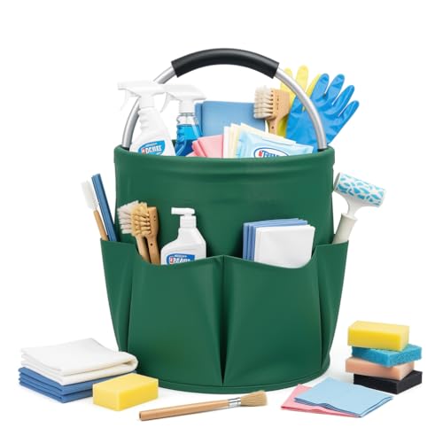 Cleaning Caddy with Handle, 17L Foldable Storage Basket, Heavy Duty 600D Oxford Cloth Organizer, Portable Supply Bag, Multi-Purpose Supplies Caddy for Home, Bathroom, Kitchen, Garden - dark green - color: dark green