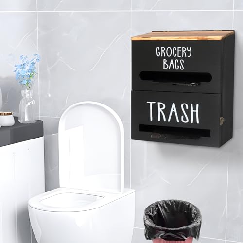 2 in 1 Trash Bag Dispenser, Double Wall Mounted,Wood Trash Bag Holder, used in kitchen, garage, laundry room, can store Environmentally friendly food bags and garbage bags (Black) - color: Black/Large(10inch*5.5inch*12.2inch)
