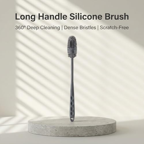 Baby Bottle Brush, Silicone Water Bottle Cleaner Flexible Extra Long Handle Grey Cup Cleaner Brush for Washing Hydro Flasks Sports Tumblers and Deep Narrow Neck Glassware