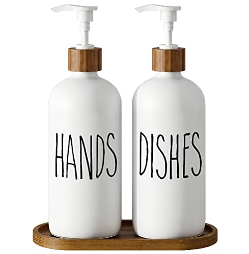 Dish Soap Dispenser for Kitchen,Glass Hand Soap Dispenser, Modern Farmhouse Decorfor Bathroom,Kitchen Decor - color: White Set