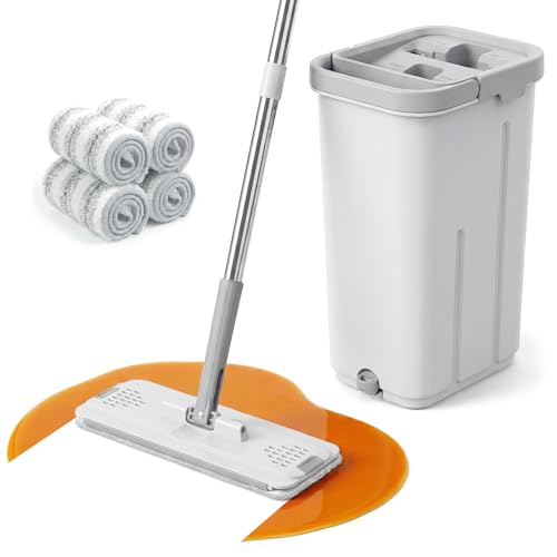 Mop and Bucket Set, Floor Mop and Bucket with Wringer Set, Wet and Dry Mop for Hardwood Floors, Vinyl, Tile, Baseboards and Walls (4 Washable Microfiber Pads Included)