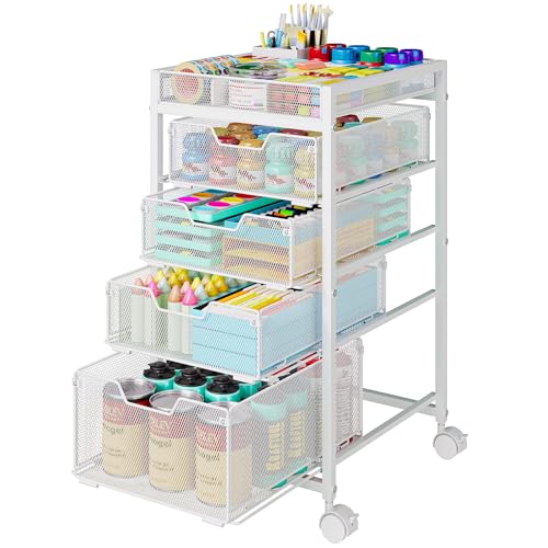 Rolling Utility Cart with 4 Drawers, Craft Organizer and Storage Carts with DIY Divider, Lockable Wheels Storage Organizer for Art Supplies, Store for Brushes & Paints & Artifacts, White - color: White, size: 4 Drawers