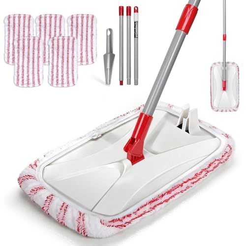 OZD Flat Mops for Floor Cleaning , with 5 Reusable 16x9in Dual-Fiber Mop Heads, Remove Stubborn Stains, Wet and Dry Use, Suitable for Hardwood, Tile, Laminate Flooring etc, Red