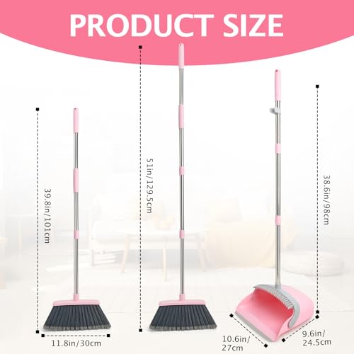 2-Pack Broom and Dustpan Set with Long Handle, Heavy Dust Broom and Dustpan Combo for Home，Kitchen, Office, Pet Hair(Grey Pink) - color: Pink 2-pack