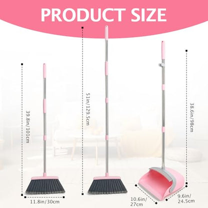 2-Pack Broom and Dustpan Set with Long Handle, Heavy Dust Broom and Dustpan Combo for Home，Kitchen, Office, Pet Hair(Grey Pink) - color: Pink 2-pack
