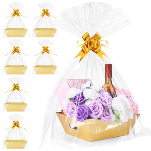 AFOROEOA 6PACK Gold Baskets for Gifts Empty, 12x10x4” Thick Cardboard Gift Basket Kit with 6 Bows & 6 Bags - Kraft Empty Gift Baskets for Christmas, Weddings, Birthdays, Holiday Gifting - color: 6 Gold