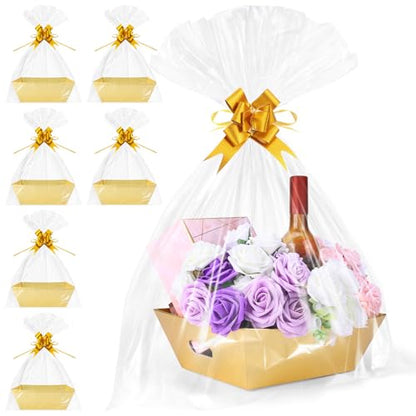 AFOROEOA 6PACK Gold Baskets for Gifts Empty, 12x10x4” Thick Cardboard Gift Basket Kit with 6 Bows & 6 Bags - Kraft Empty Gift Baskets for Christmas, Weddings, Birthdays, Holiday Gifting - color: 6 Gold