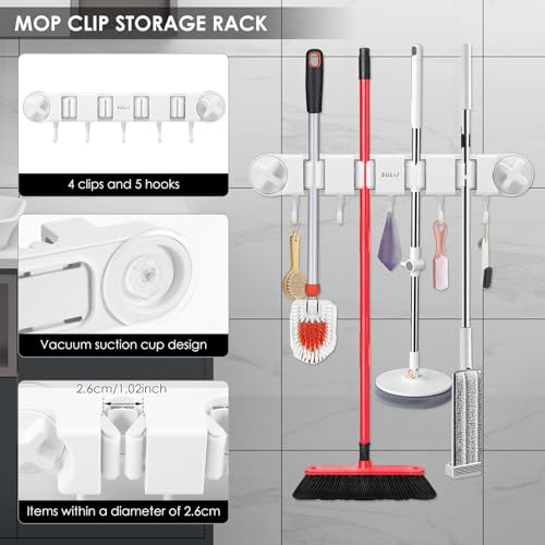 Broom Holder Wall Mount Sturdy Mop and Broom Organizer with 4 Racks and 5 Hooks Vacuum Suction Cup Broom Mop Holder for Home, kitchen, Garden, Tools, Garage - color: white