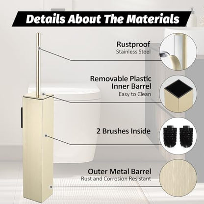 BGL Toilet Brush and Holder Set Brushed Gold Wall Mounted for Bathroom Square Design - color: Brushed Gold-wall Mount