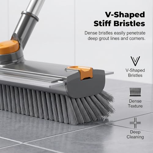 Floor Scrub Brush, Grout Cleaner with Long Handle, V-Shaped Grout Cleaner for Deep Cleaning, Deck Crevice Scrubbing Tool, Adjustable Handle, Multi-Surface Cleaning Brush (Black) - color: Black