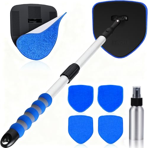 XINDELL Windshield Cleaner Tool, Car Window Cleaning Kit with 5 Reusable Microfiber Pads, Extendable Handle & 360° Rotating Head, Safety Hammer, Streak-Free Auto Glass Wiper for Car Truck SUV RV - color: Blue