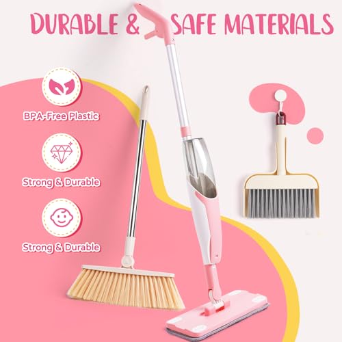 Kids Cleaning Toy Set,Pink Mini Spray Mop Montessori Toys Pretend Play Cleaning Tool for Toddlers with Spray Mop & Kids Broom Dustpan Set Cleaning Toys Gift for Toddlers Girls Boys Age 3+ - size: Pink, style: Cleaning Set