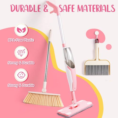 Kids Cleaning Toy Set,Pink Mini Spray Mop Montessori Toys Pretend Play Cleaning Tool for Toddlers with Spray Mop & Kids Broom Dustpan Set Cleaning Toys Gift for Toddlers Girls Boys Age 3+ - size: Pink, style: Cleaning Set