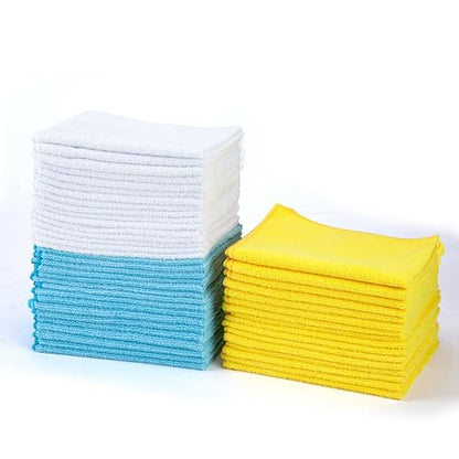 Amazon Basics Microfiber Cleaning Cloths, Highly Absorbent, Scratch-Free, Ultra-Soft, Non-Abrasive, Reusable and Washable, 16" x 12", Blue/White/Yellow, 48-Pack - color: Blue/White/Yellow, size: 48-Pack