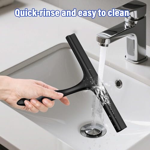Shower Squeegee for Glass Doors with Adhesive Hook, Silicone Bathroom Squeegee for Shower Glass, Window, Tile Wall, Ergonomic Household Cleaner Tool, No-Squeak/Streak-Free/Non-Slip, 10 inch - color: All Black