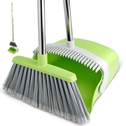 Broom and Dustpan Set, Dustpans with Broom Combo for Home, Heavy Dust Broom and Dustpan Combo, Long Handle Dust Pan and Broom Set for Kitchen, Office, Pet Hair(Gray Green) - color: Green 1-pack