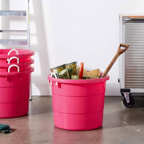 Homz 2 Pack of 17 Gallon Storage Buckets, Durable Plastic Containers, Sturdy Rope Handles, Large Tubs for Sports Equipment, Party Cooler, Gardening, Toys and Laundry, Pink - color: Pink