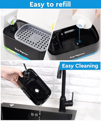 Hand and Dish Soap Dispenser Set for Kitchen, Dual Soap Dispenser with Sponge Holder, 3-in-1 Countertop Soap Pump Dispenser for Kitchen Sink, Useful Kitchen Gadgets - Black - color: Black