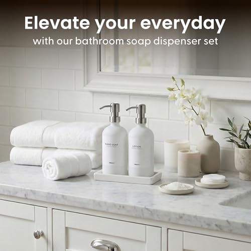 MaisoNovo Soap and Lotion Dispenser Set - Bathroom Soap Dispenser Set with White Soap Dispenser, Silver Pumps & Ceramic Tray - color: White Bottles/ Silver Pumps/ White Ceramic Tray